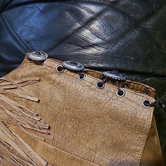 Leather Club Real Tan Color Textured Leather Vest with Fringes Embroidery Size L - Picture 5 of 8